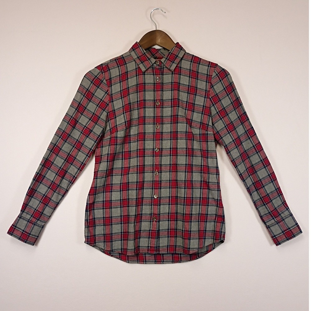 Classic Preppy J.Crew Boy Shirt 0P Grey Red Plaid Cotton Button Down 08852